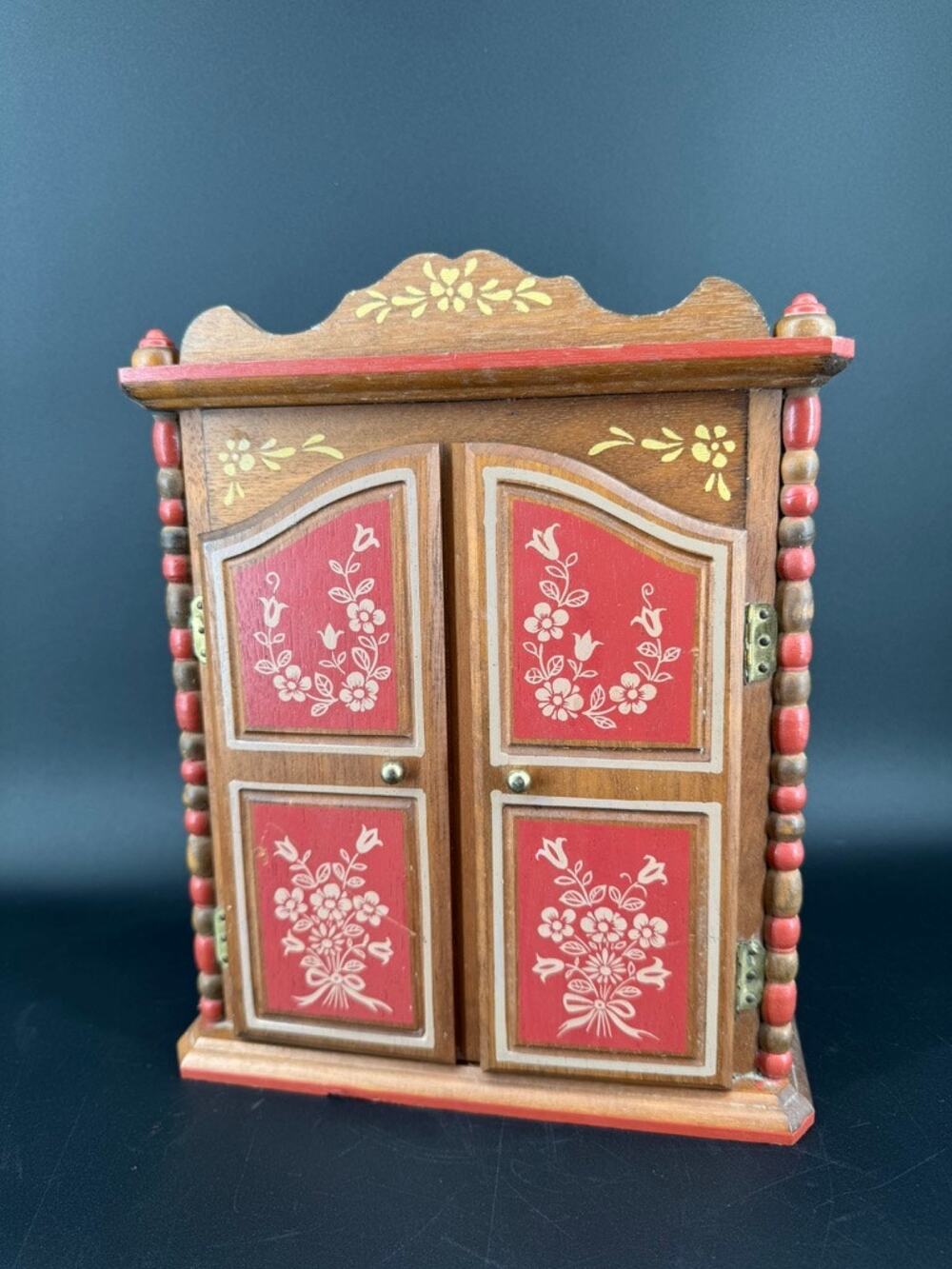 Vintage 1970s Wooden Floral Painted Jewelry Armoire Music Box